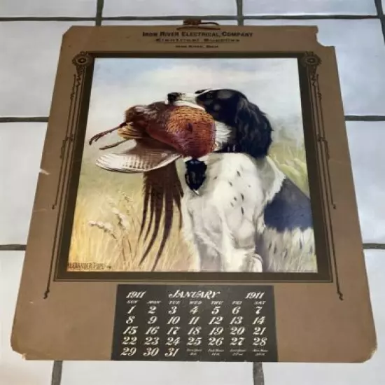 1911 Alexander Pope Spaniel Hunting Dog with Pheasant Iron River MI Calendar 