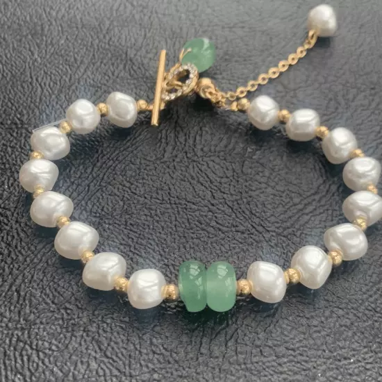 Mason & Madison Pearl Bracelet with Jade Charm Adjustable Crystals Handmade NEW