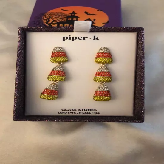 Piper K Gold Tone Triple Candy Corn Drop Earrings Glass Crystal Accents NIB