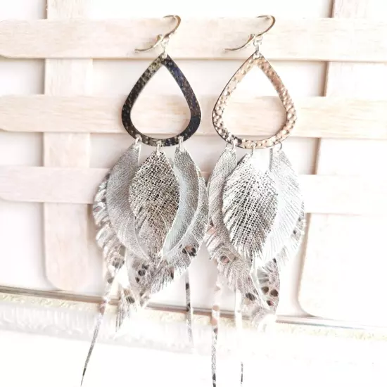 silver extra long leather feather earrings shine silver feather earrings