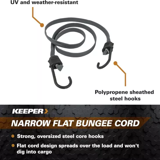 Keeper - 48” Flat Narrow Bungee Cord, 2 Pack - UV and Weather-Resistant 48" 