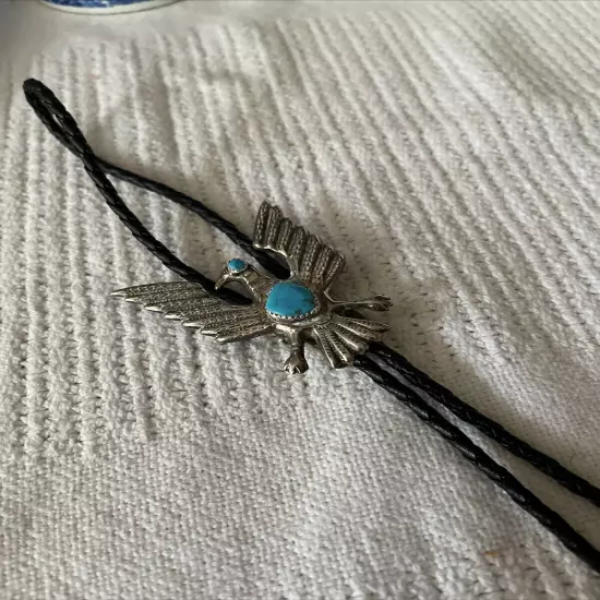 Vintage Native American Bolo Tie Turquoise, Thunderbird Phoenix Black Leather