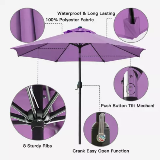 Sunnyglade 9' Patio Umbrella Outdoor Table with 8 Sturdy Purple 