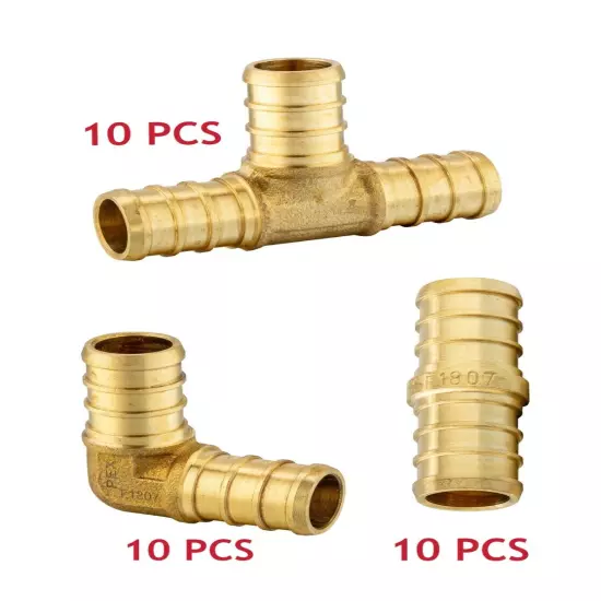 EFIELD 30PCS 1/2" PEX Crimp Brass Fittings Elbow, Coupling, Tee(10 /Ea),No Lead