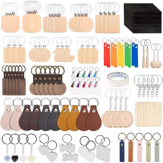 110 PCS Laser Engraving Keychain Blanks, Wooden Keychains Leather Keychains E...