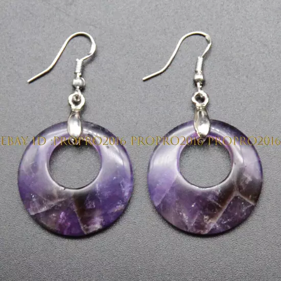 Natural Purple Amethyst 28mm Hollow Round Ring Dangle Silver Hook Earrings PE307