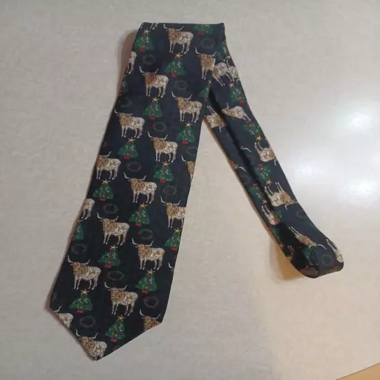 Claybrooke Christmas Tie Black Longhorn Cows Holiday Trees Silk