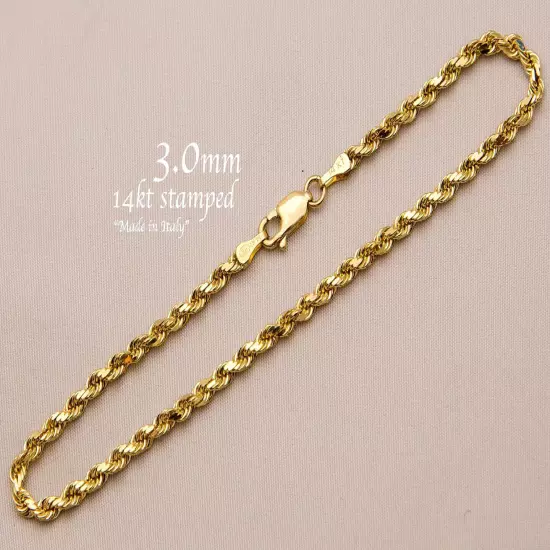 14k Solid Yellow Gold Rope Chain Necklace Bracelet 1mm-10mm Men Women Sz 7"-30"