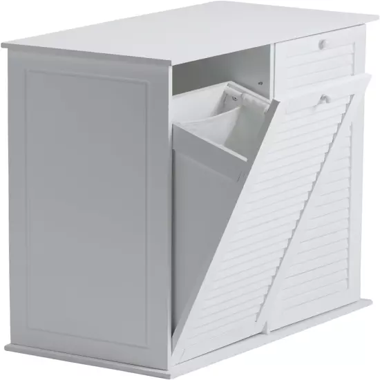 Tilt-Out Laundry Sorter Cabinet with Shutter Front, White, White Wood Shutter