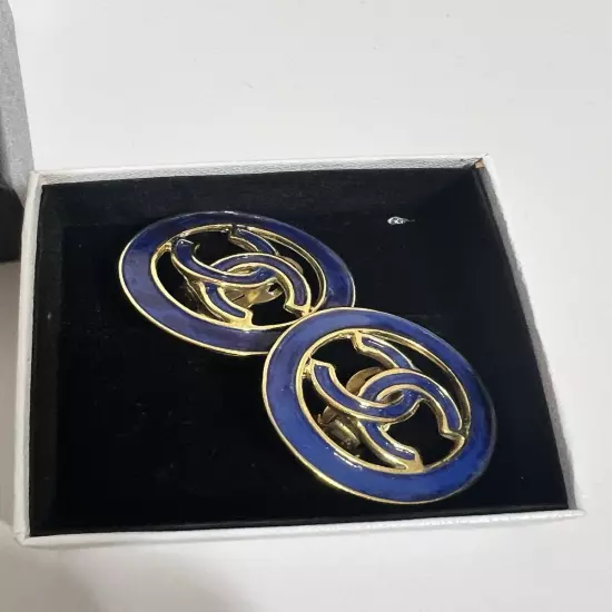 Vtg Chanel Resort 1993 Gold Blue CC Logo Clip Earrings 