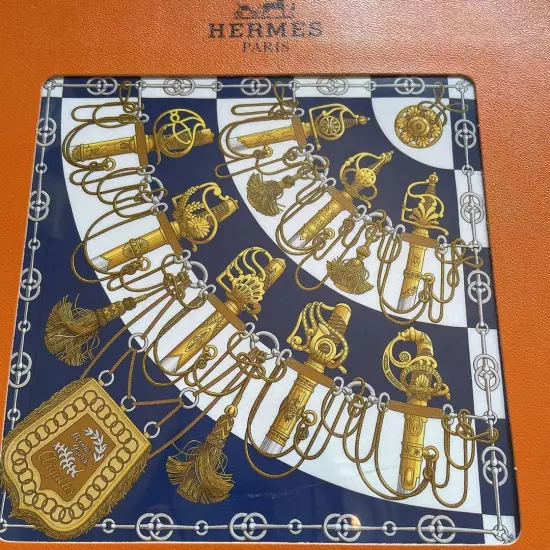 HERMÈS Scarf Carres 90 Navy Gold Silk Sword/Tassel Women France