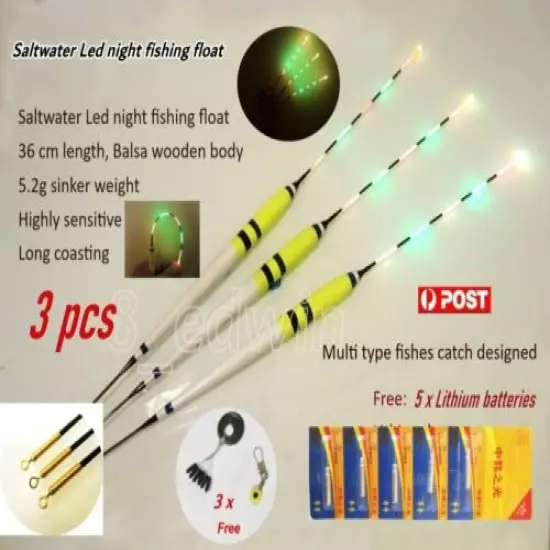 3 x Saltwater 36cm LED Electric Night Fishing Floats Garfish Slimies Warehou