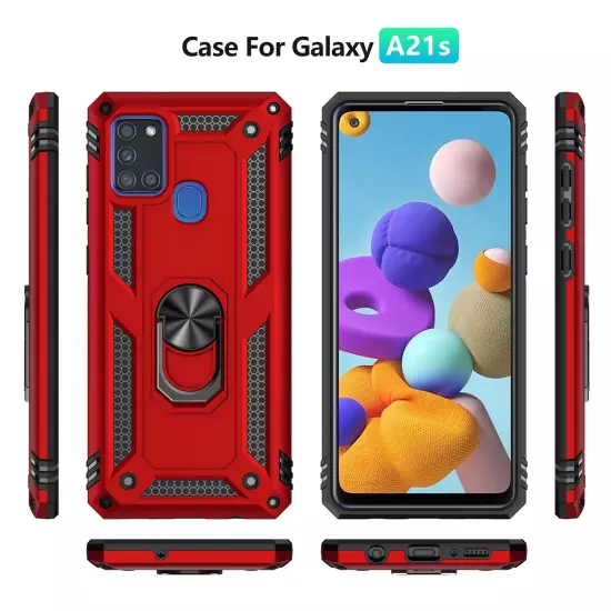 For Samsung Galaxy A21s Case Shockproof Ring Stand Phone Cover w/ Tempered Glass