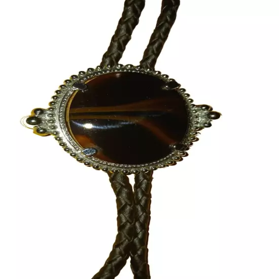 Vtg WESTERN Southwestern LARGE Striped Oval Agate Bolo Tie