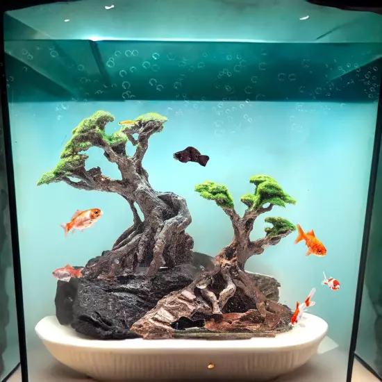 Fish Tank Decor- Bonsai Trees with Faux Moss- Aquarium Rocks Aquascaping- Made o