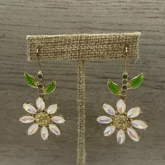 Betsey Johnson Daisy Flower with Green Leaves & Clear Crystal Earrings