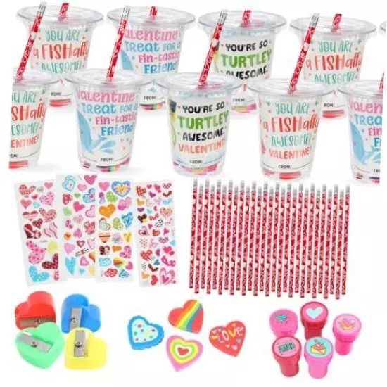 30-Pack Valentine's Day Gifts for Kids - Stationary and Cup Set with 30 Pack