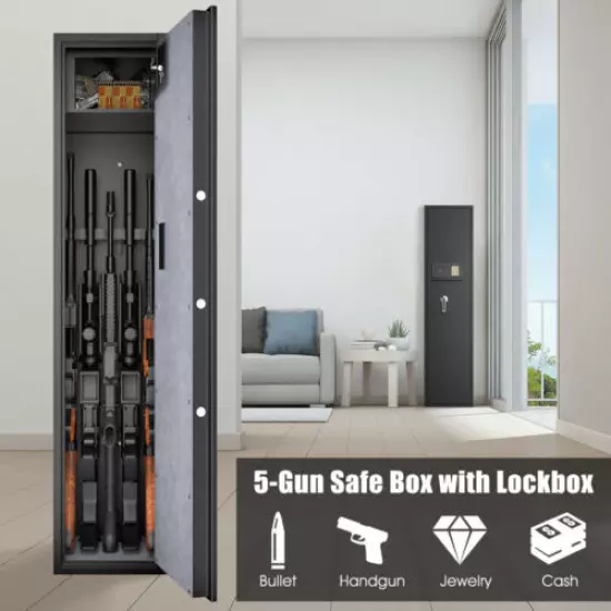 Large Rifle Safe Quick Access 5-Gun Storage Cabinet w/ Pistol Lock Box