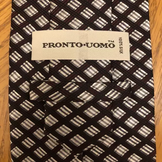 Pronto Uomo Silk Tie, Brown White & Black Striped Geometric Design 