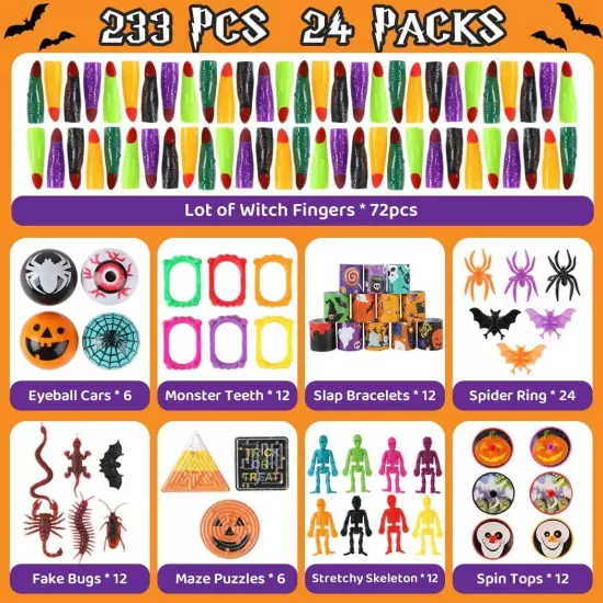 233PCS Halloween Party Favors - 24 Pack Toys Bulk Stuffed Gloves,... 