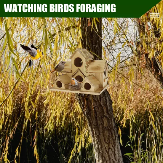 Bird House with 6 Holes Handmade Wooden Birdhouse Hanging Bird Nesting Box._