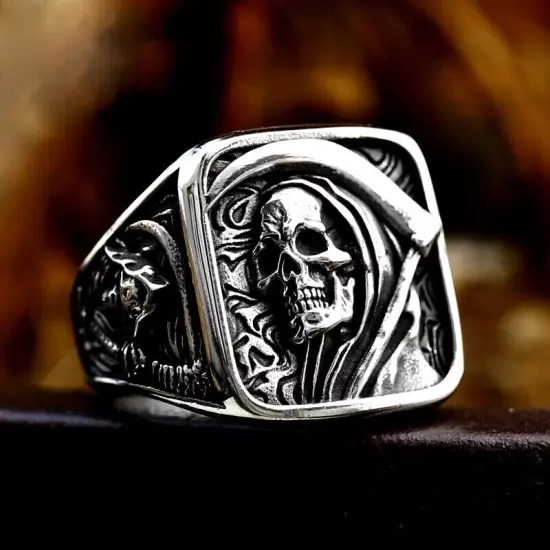 Gothic Death Sickle Skull Ring Stainless Steel Men's Boy's Skull Biker Punk Ring