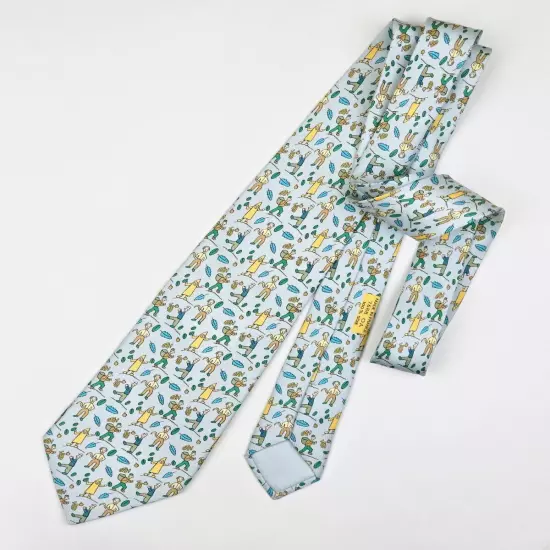 HERMES TIE 7688 OA Fruit Farmer on Light Blue Silk Necktie