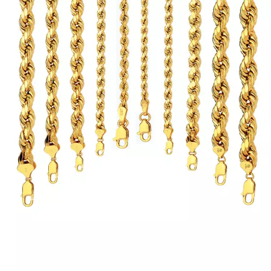 10k Yellow Gold 2mm-10mm D/Cut Rope Chain Bracelet Size 16"-30" Hollow