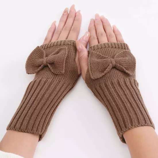 Short Bow Fingerless Gloves Autumn Winter Women's Solid Wrist Knitted Wool Glove