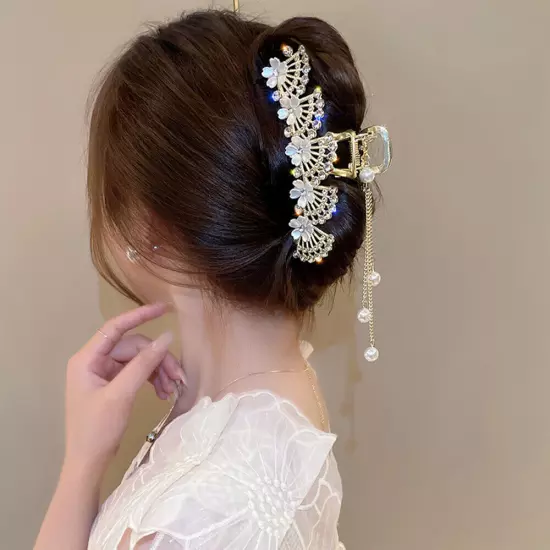 Large Rhinestone Hair Claw Pearl Flower Tassels Fan-shaped Metal Ponytail Clip