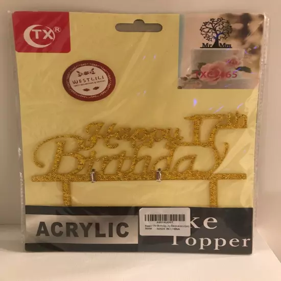 NEW Acrylic Gold Glitter Happy 17th Birthday Cake Topper- 5” Tall