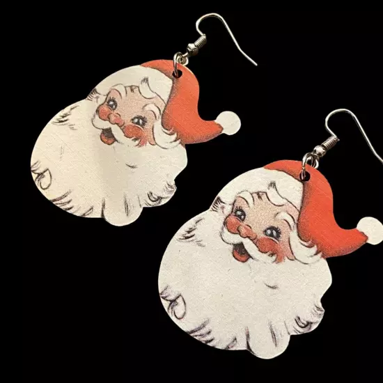 Xmas Christmas Old Time Jolly Holiday Retro Santa Claus Dangle Wood Earrings