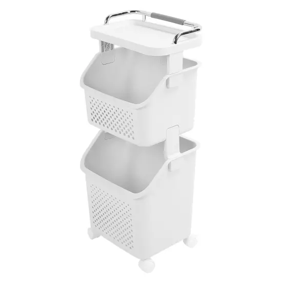 2 Layers Rolling Laundry Hamper PP ABS Laundry Shelf Clothes Storage Basket