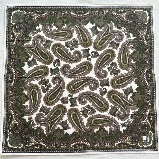 Dunhill Vtg Handkerchief Dark Green Cotton Paisley Damask Art Pocket Square 20"