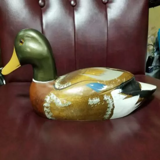 Vintage hand carved wood Duck decoy glass eyes male with stamp