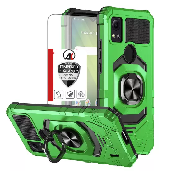 For Cricket Icon 5/Motivate 4 Case Shockproof Ring Phone Cover w/ Tempered Glass