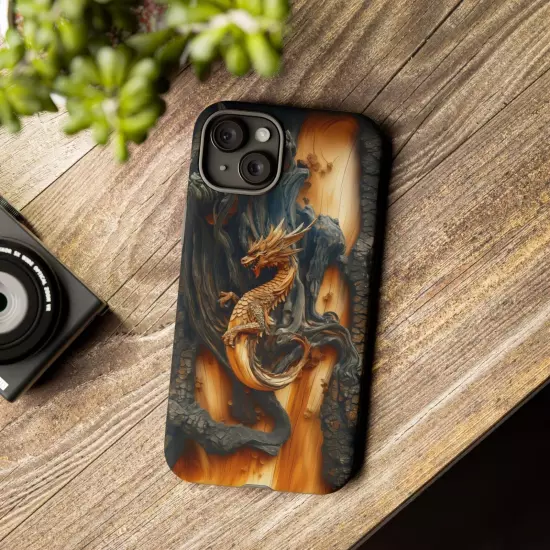 For iPhone, Samsung Galaxy, Pixel - Phone Case Cover - Carved Wood Dragon Print