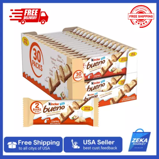 Italian Kinder Bueno WHITE Chocolate Bars - Pack OF 30 - 2 Bars/pack, Limited