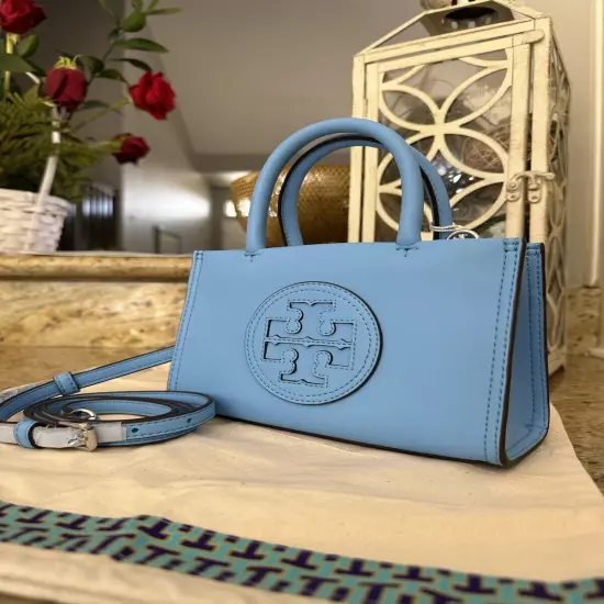 AUTH NWT $248 Tory Burch Ella Logo Bio Mini Tote Crossbody Bag In Blue Azure