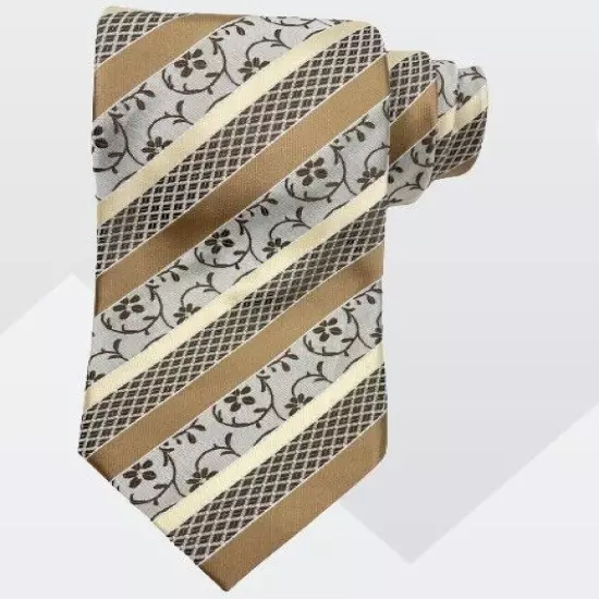 Hi-Tue Gold Beige Floral Paisley and Striped Repp Silk Tie 3" x 59"