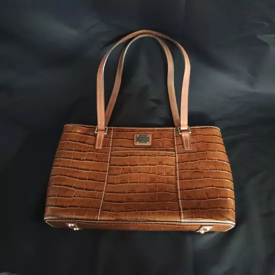 Dooney & Bourke Croc Embossed Leather Tote Large Shoulder Bag Cognac Brown Purse