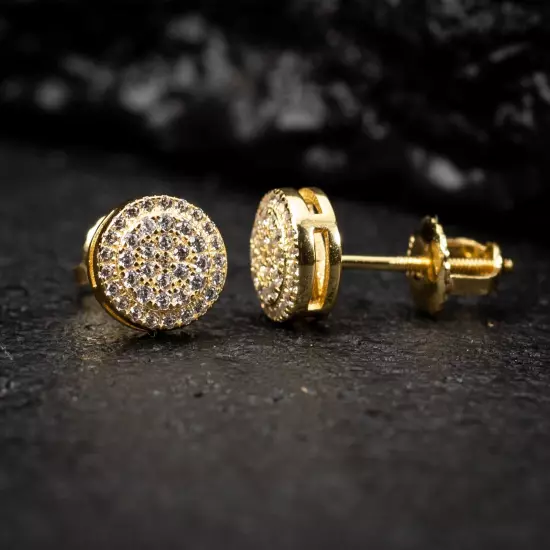 Round Yellow Gold 925 Sterling Silver Cluster Circle Stud Hip Hop Earrings