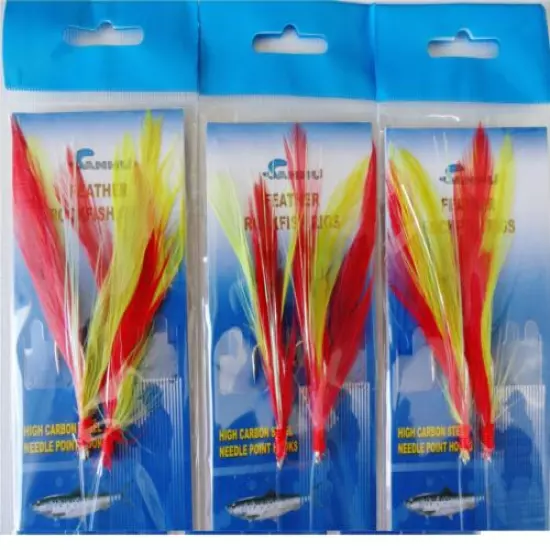 3-100 packs size 3/0 rock cod rigs red/yellow feather rockfish baits-2 Rigs/pack