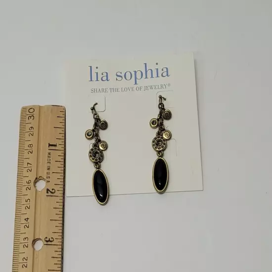 lia sophia Earrings Black & Gold-tone dangle pierced earrings-New on orig, card