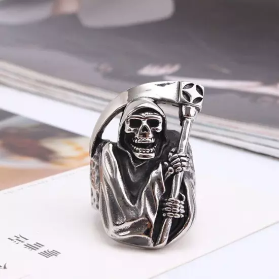 Dead God Evil Sickle Skull Ring Stainless Steel Gothic Men's Women's Punk Ring