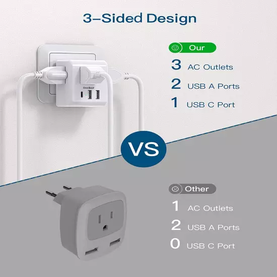 2 Pack European Travel Plug Adapter, International Power Plug Adapter with 3 Out