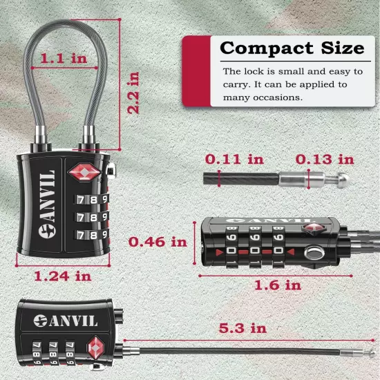 TSA Approved Luggage Locks - Re-Settable 3-Digit Combination Cable Lock with All