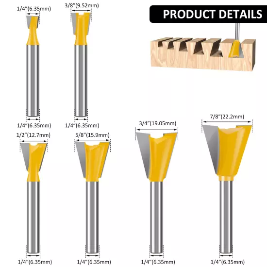 6Pcs Dovetail Router Bit Set Carbide 1/4inch Shank Woodworking Milling hagCw