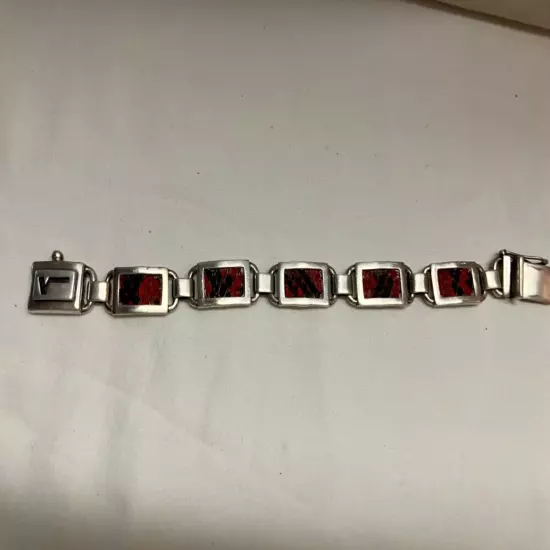 Vintage Versani Sterling Silver Link Men’s Bracelet With Red Snake Skin Inlay