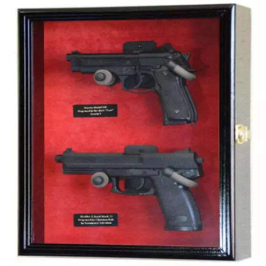 Gun Display Case 2 Guns Black Solid Wood Handgun Pistol Revolver Lock USA Frame